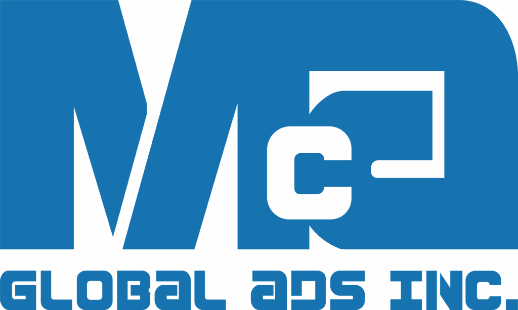 Office signage for GLOBAL ADS INC. with blue MA logo, geometric font, Makati location by M&G Global Ads.