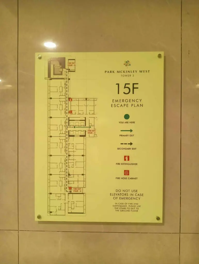 Acrylic evacuation map signage for Park McKinley West Tower 3, 15th floor, Metro Manila, sign maker Philippines by M&G Global Ads.
