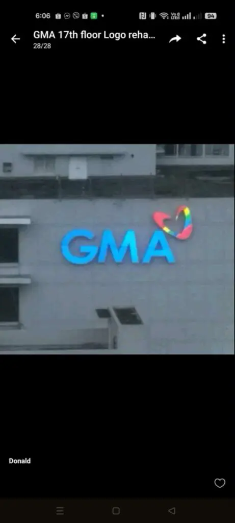 Outdoor acrylic building signage for GMA with blue letters and heart logo in Metro Manila by sign maker Philippines, M&G Global Ads.