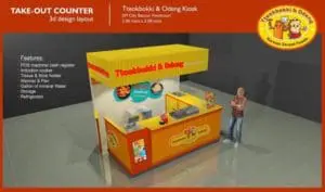 3D LED signage for Teokbokki & Odeng take-out counter in Quezon City, with cooking equipment and display area by M&G Global Ads.