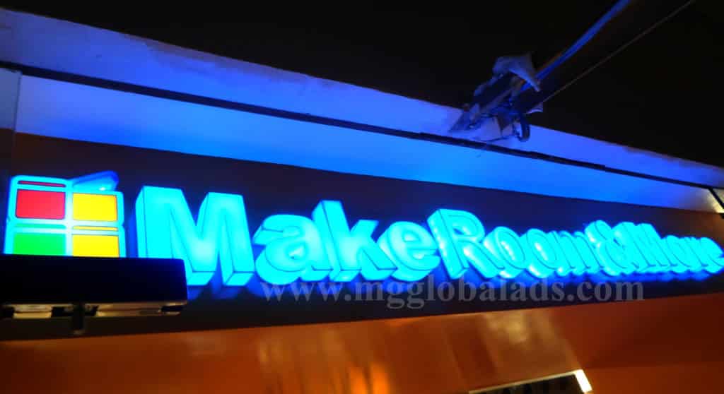 LED outdoor signage for Make Room & More in Makati, with colorful logo and bright blue text. By M&G Global Ads.