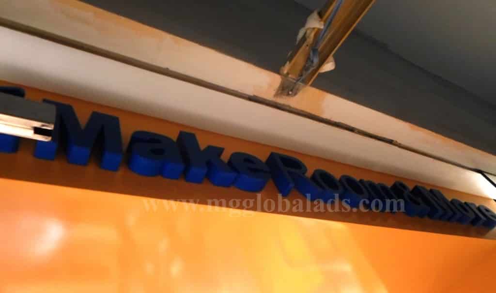 3D acrylic signage for Make Room client in Makati, blue letters on orange wall with LED accents by M&G Global Ads.