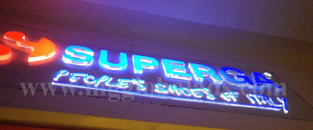 Neon LED signage for SUPERGA with Peoples Shoes of Italy slogan, glowing brightly in Makati by M&G Global Ads.