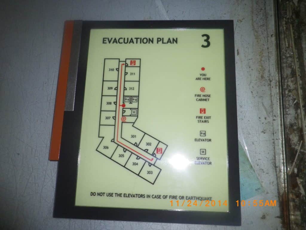 3rd floor acrylic evacuation plan signage with routes, exits, and You Are Here marker, Ortigas. By M&G Global Ads.