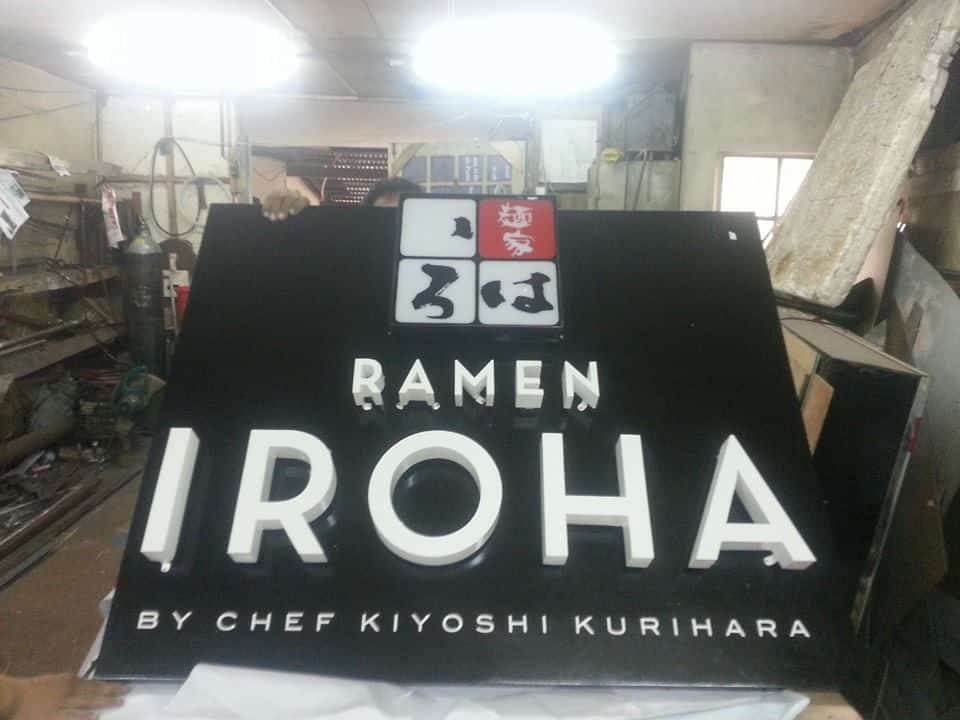 Acrylic restaurant signage for Ramen Iroha by Chef Kiyoshi Kurihara, made in Makati workshop by M&G Global Ads.