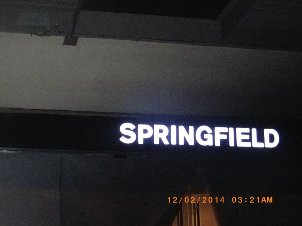 LED signage SPRINGFIELD display in Makati, date 12/02/2014 03:21AM, night view by M&G Global Ads.