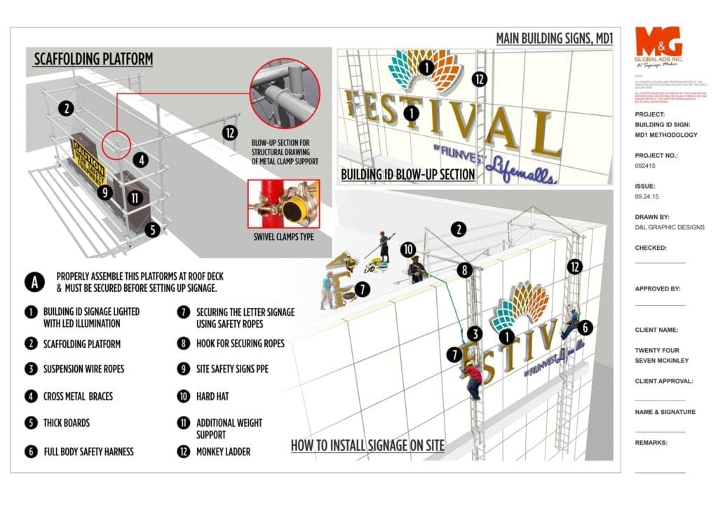 LED signage installation instructional graphic for FESTIVAL sign, facade assembly in Makati by M&G Global Ads.