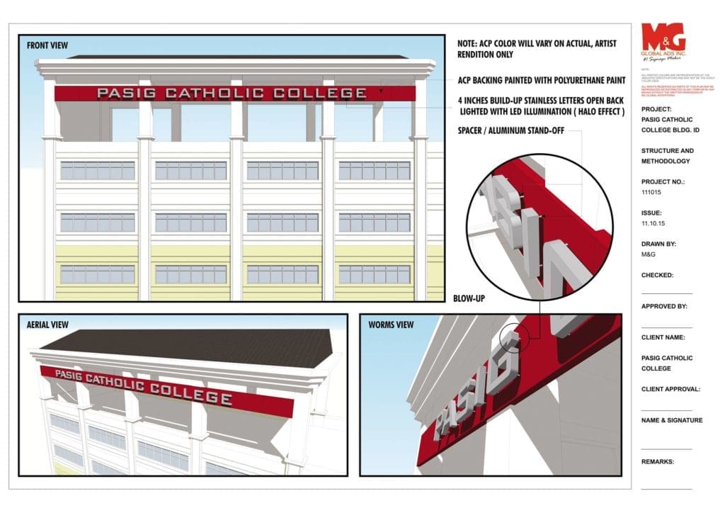 Building signage for PASIG CATHOLIC COLLEGE with stainless steel letters, shown in Ortigas, by M&G Global Ads.