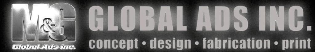 Acrylic indoor signage logo with “concept • design • fabrication • print” tagline, dark background, Quezon City by M&G Global Ads.
