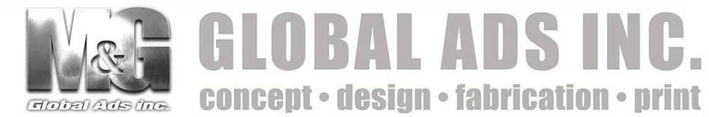 Indoor metallic office signage for MG Global Ads Inc. with tagline in silver-gray, Quezon City location, by M&G Global Ads.