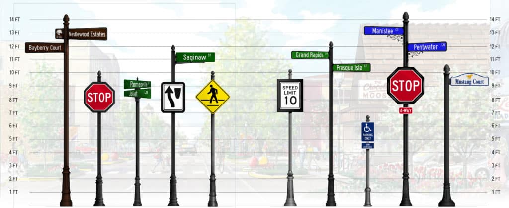 Outdoor speed limit, pedestrian crossing, and street name signs on poles in Makati city street by M&G Global Ads.