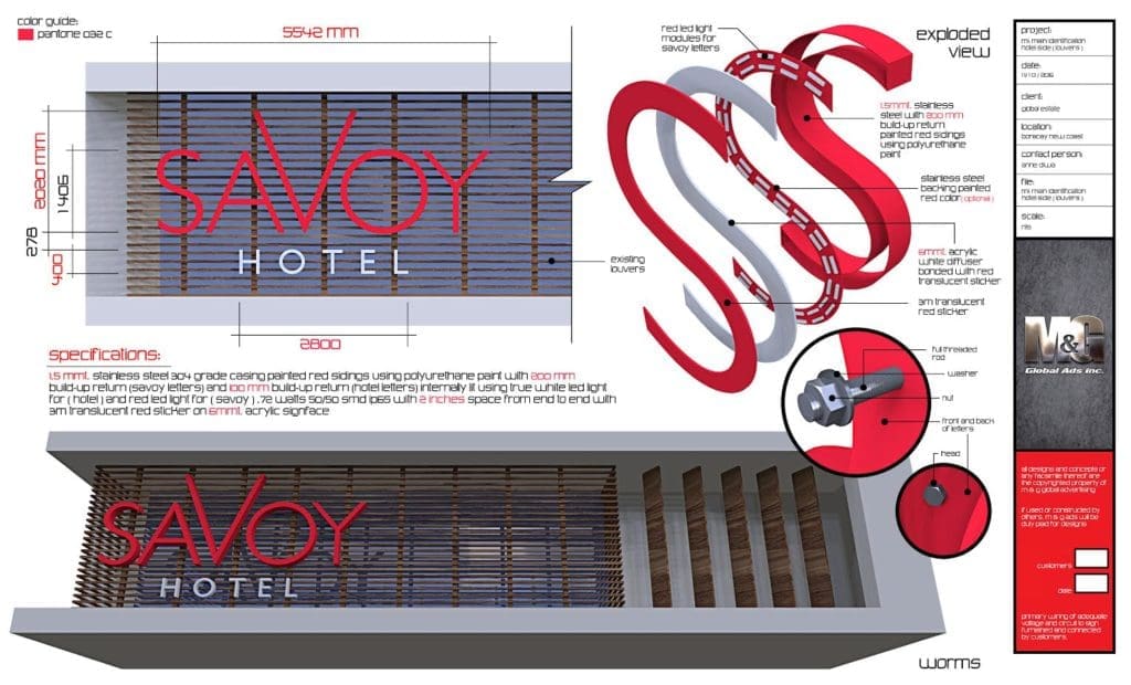 SAVOY HOTEL outdoor signage design board with specs and assembly details, Ortigas location, by M&G Global Ads.
