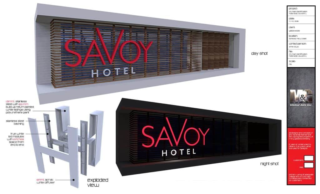 Savoy Hotel acrylic signage in Makati, 3D day/night/exploded views on modern wood facade, by M&G Global Ads.