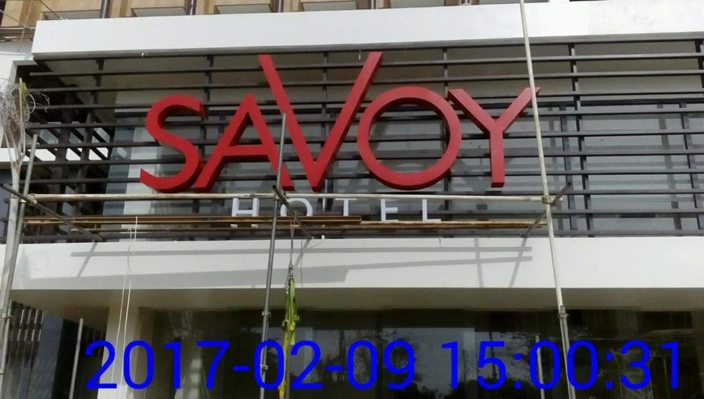 SAVOY HOTEL channel letters signage in bold red and white on modern facade, Quezon City project by M&G Global Ads.