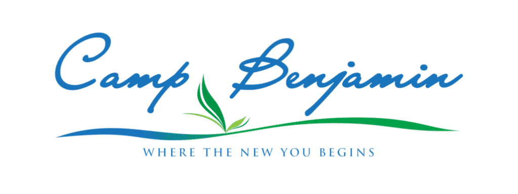 Camp Benjamin metallic indoor signage logo, blue green waves, sprouting plant, Makati. Text: WHERE THE NEW YOU BEGINS by M&G Global Ads.