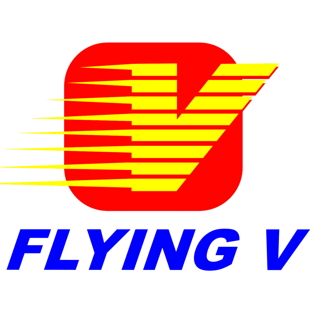 Indoor signage for FLYING V features a yellow V in red with speed lines, blue text, light gray background in Makati by M&G Global Ads.