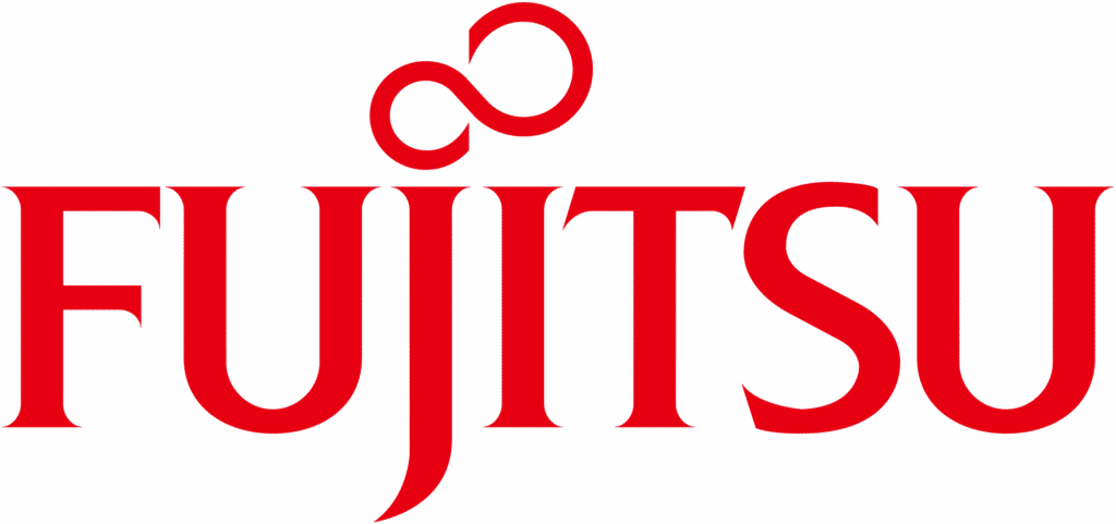 Fujitsu indoor signage with bold red logo and infinity symbol, displayed in Makati office; by M&G Global Ads.