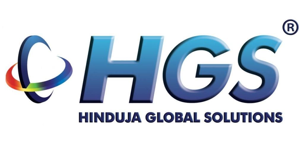 LED building signage for Hinduja Global Solutions (HGS) in Makati, featuring blue gradient logo and swirl by M&G Global Ads.