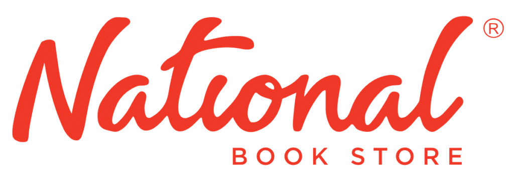 National Book Store indoor signage with red cursive and uppercase text in Makati, with registered trademark, by M&G Global Ads.