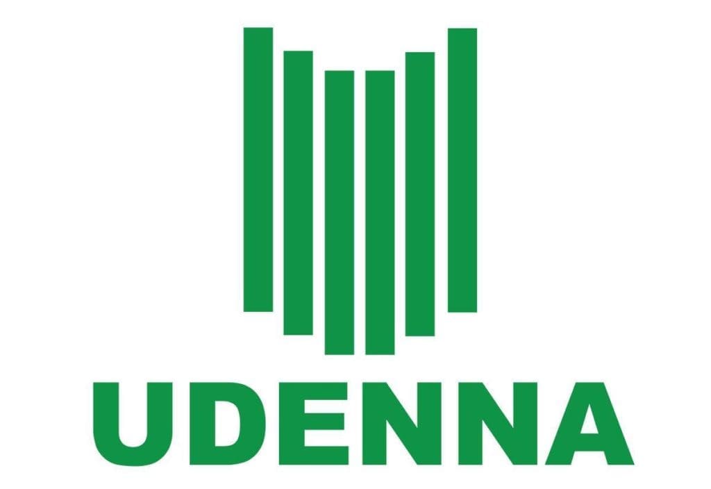 Acrylic indoor Udenna signage with five green bars and UDENNA text on white in Makati, by M&G Global Ads.