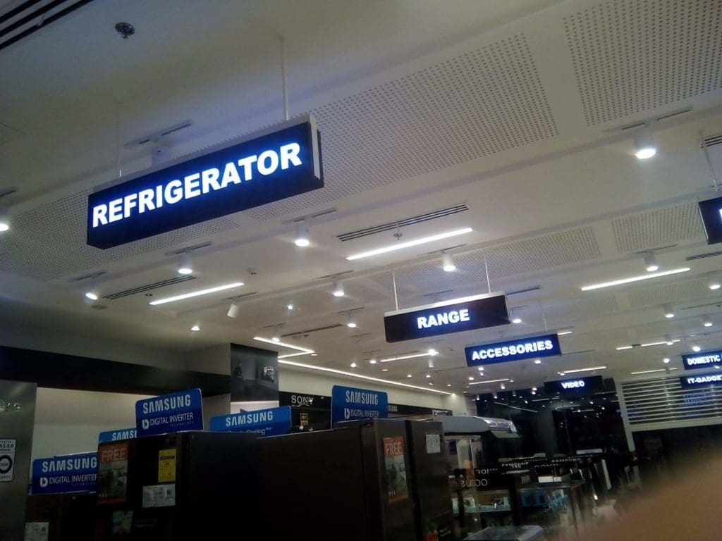 Samsung LED store signage for REFRIGERATOR, RANGE, ACCESSORIES in appliance aisle, Quezon City showroom by M&G Global Ads.
