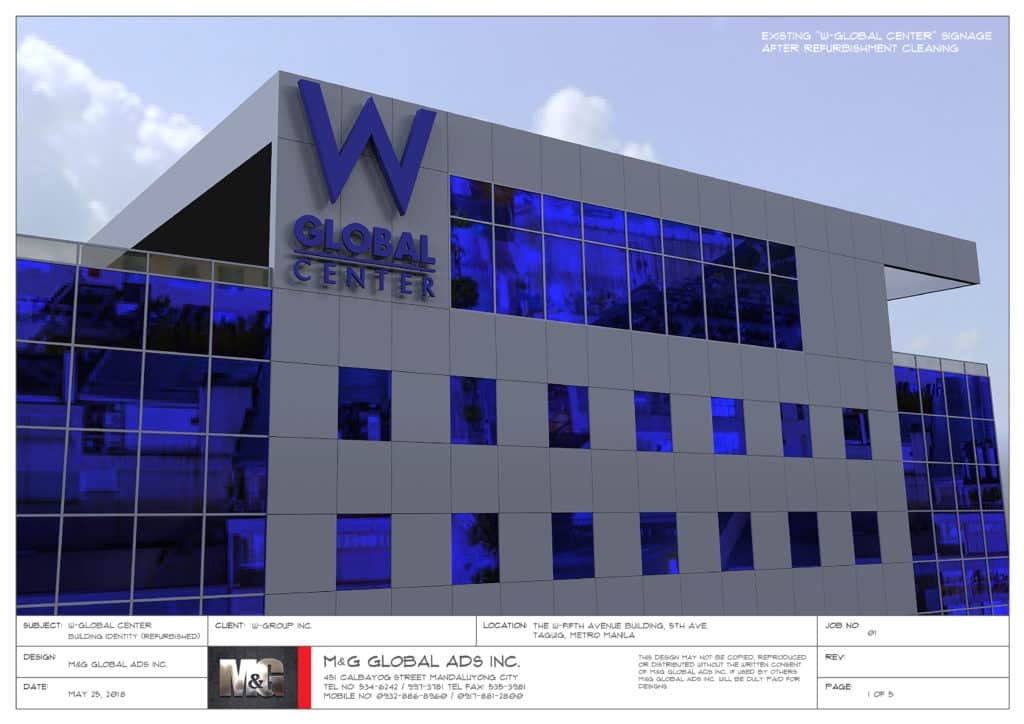 W GLOBAL CENTER LED signage on modern glass facade in BGC, Metro Manila, by M&G Global Ads. Blue-tinted windows reflect sky.