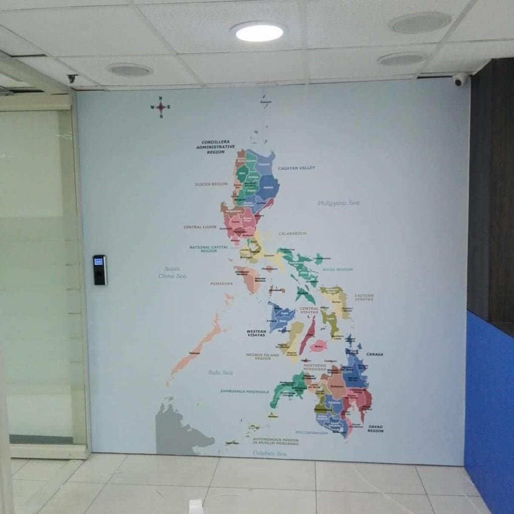 Indoor office wall map of the Philippines with colored regions, building sign, Makati location signage display by M&G Global Ads.