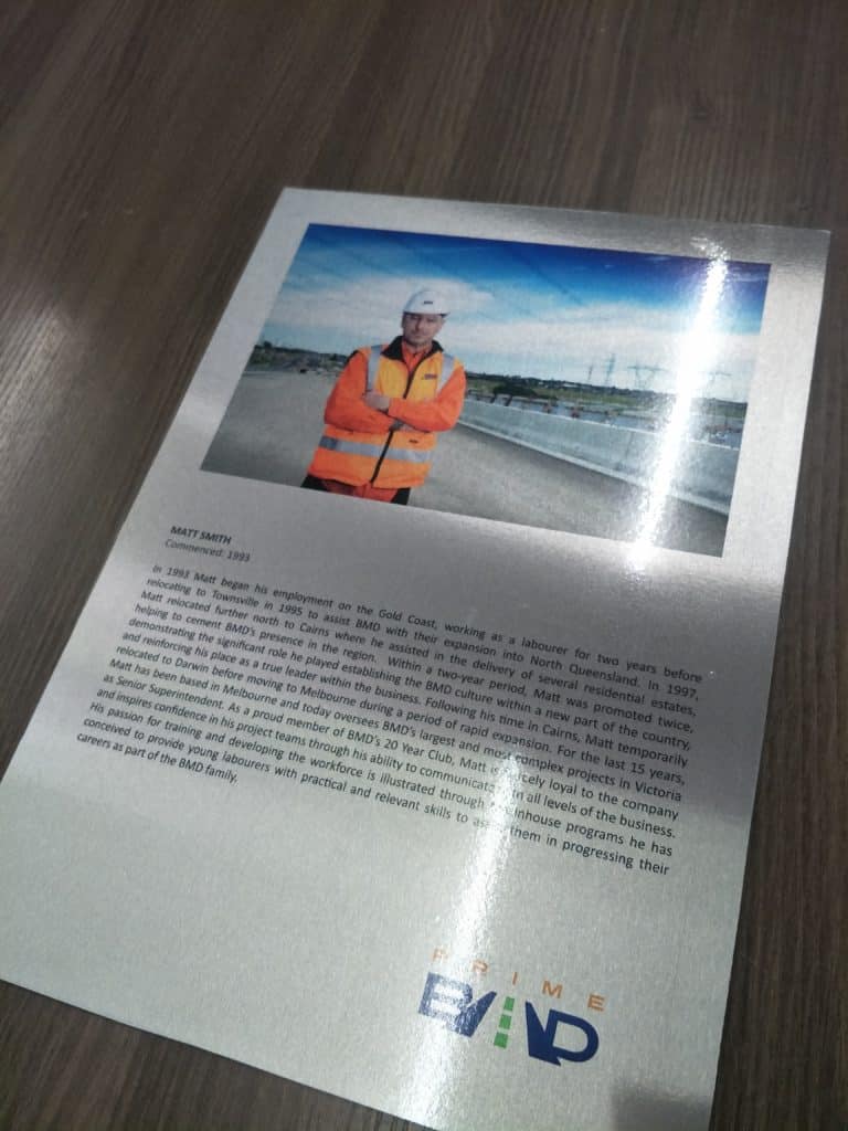 Metallic signage for BMD, biography of Matt Smith with logo and safety gear, on glossy print in Makati by M&G Global Ads.