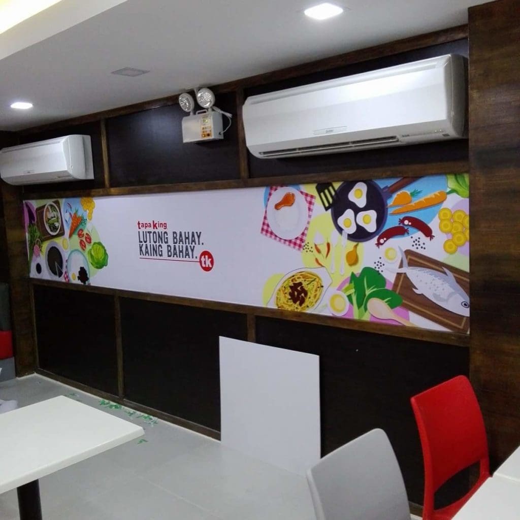 Tapa King LED signage, restaurant wall art, Makati location, colorful Filipino dishes decor—by M&G Global Ads.