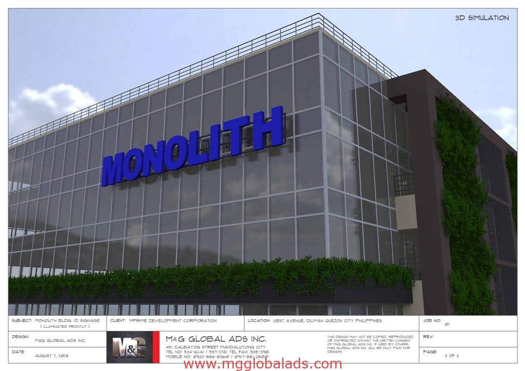 Acrylic MONOLITH signage for client on a modern glass building in Bonifacio Global City, with greenery. By M&G Global Ads.