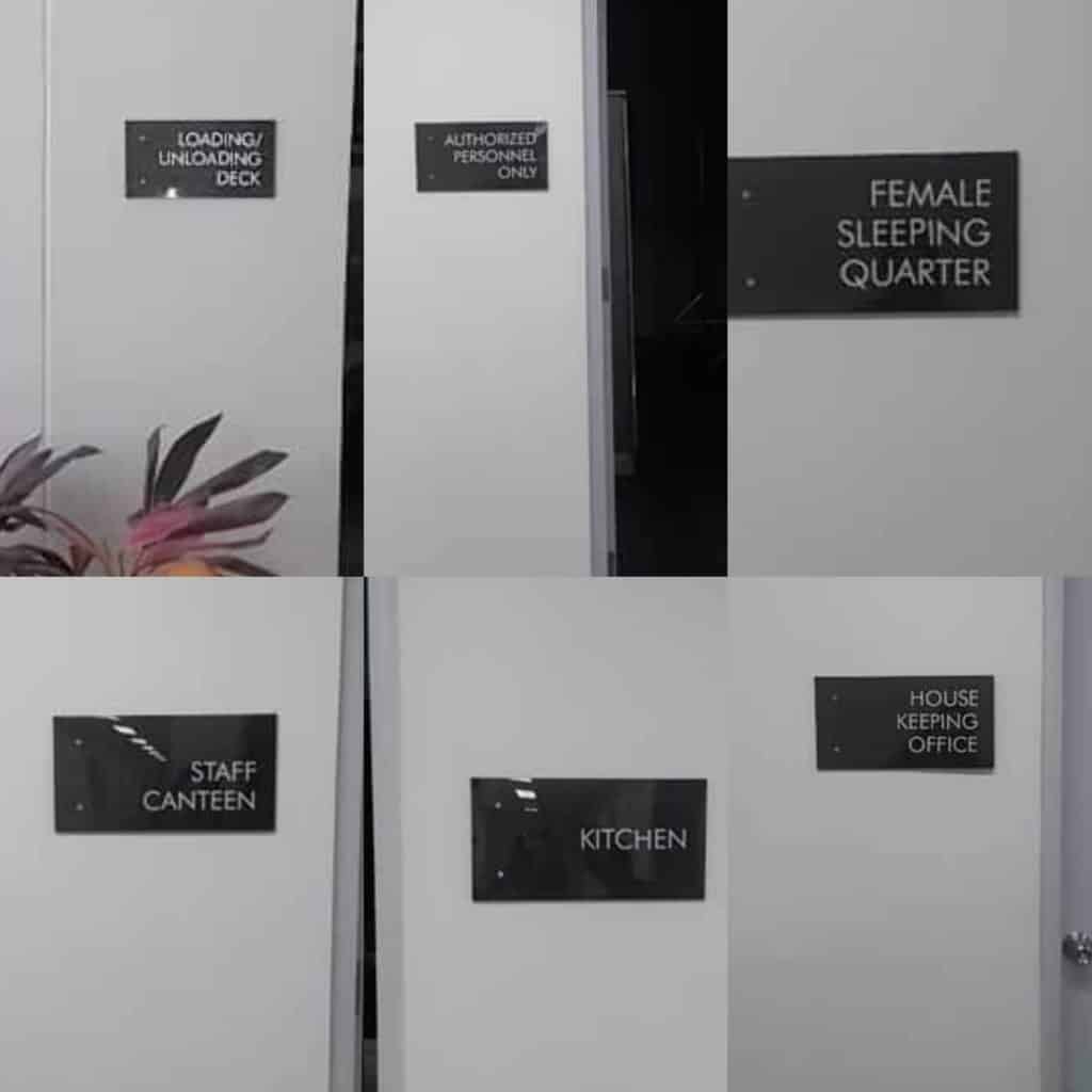 Metal signage for office and facility use in BGC reads: LOADING/UNLOADING DECK, STAFF CANTEEN, etc. by M&G Global Ads.