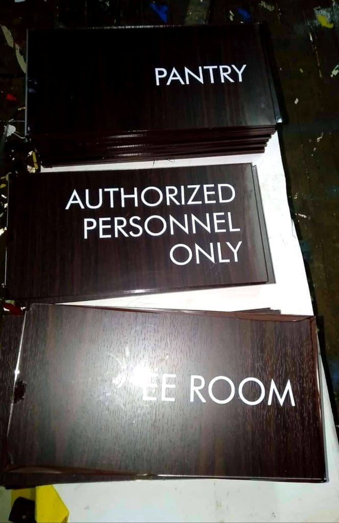 Metallic indoor office signage, PANTRY and AUTHORIZED PERSONNEL ONLY, stacked in Makati by M&G Global Ads.