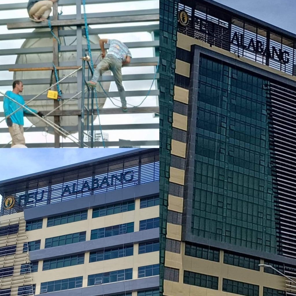 Acrylic signage installation for FEU Alabang shown in progress and complete, on a modern building in Makati by M&G Global Ads.
