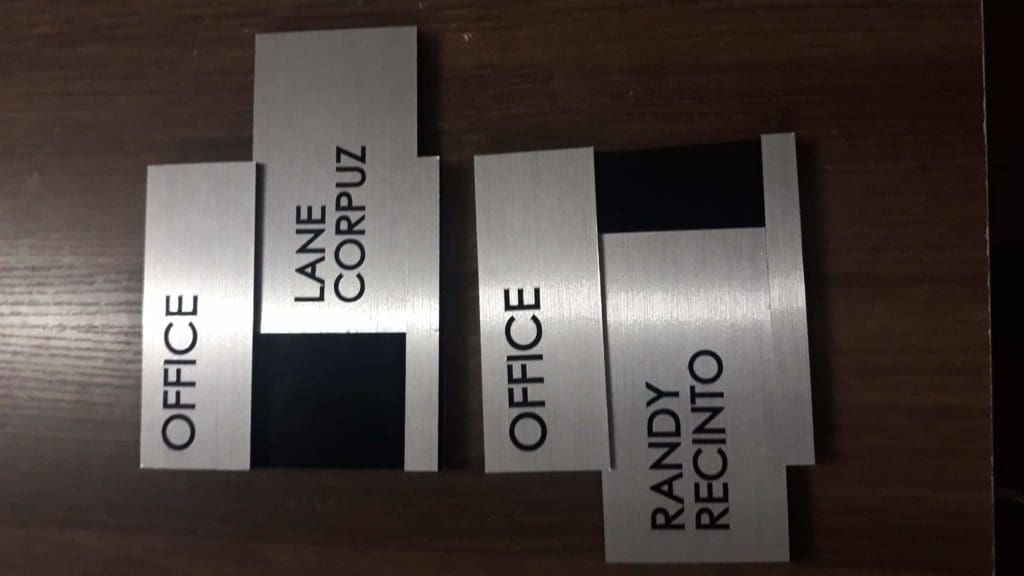 Custom door nameplate signage for OFFICE LANE CORPUZ and OFFICE RANDY RECINTO in Makati by M&G Global Ads.