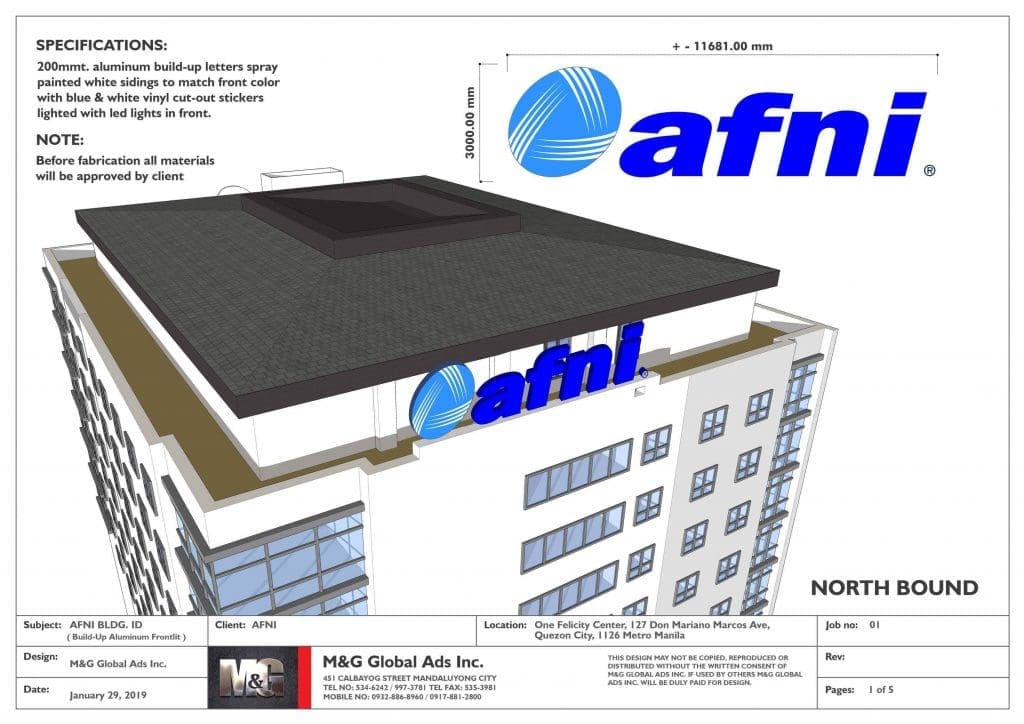 LED rooftop signage for afni in Quezon City, blue acrylic letters, architectural rendering with specs by M&G Global Ads.