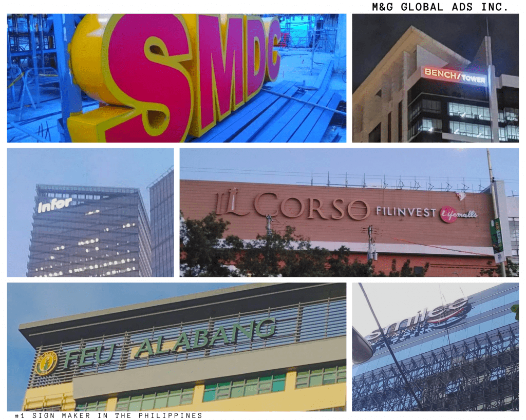 Acrylic office and retail signage for SMDC, Bench Tower, Infor, and Savemore in Makati by M&G Global Ads.