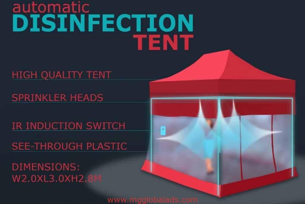 Automatic disinfection tent signage with metallic sign in Makati, see-through sides, IR induction—by M&G Global Ads.