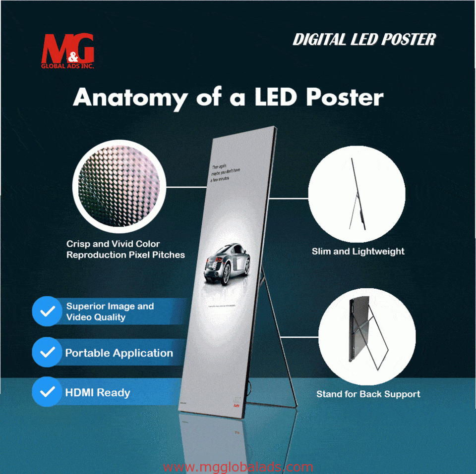Indoor digital LED signage poster in Makati showing features like crisp color and slim design by M&G Global Ads.