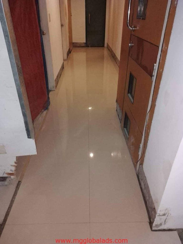 Metal door signage in a clean corridor, beige tiles, white walls, Ortigas office interior hallway by M&G Global Ads.