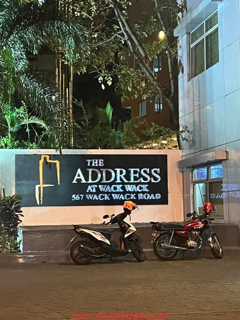 LED building signage for The Address at Wack Wack in Mandaluyong with motorcycles by M&G Global Ads.