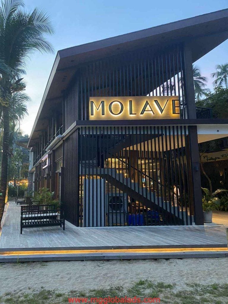LED signage MOLAVE on modern two-story building in Makati, palm trees, outdoor seating at dusk by M&G Global Ads.