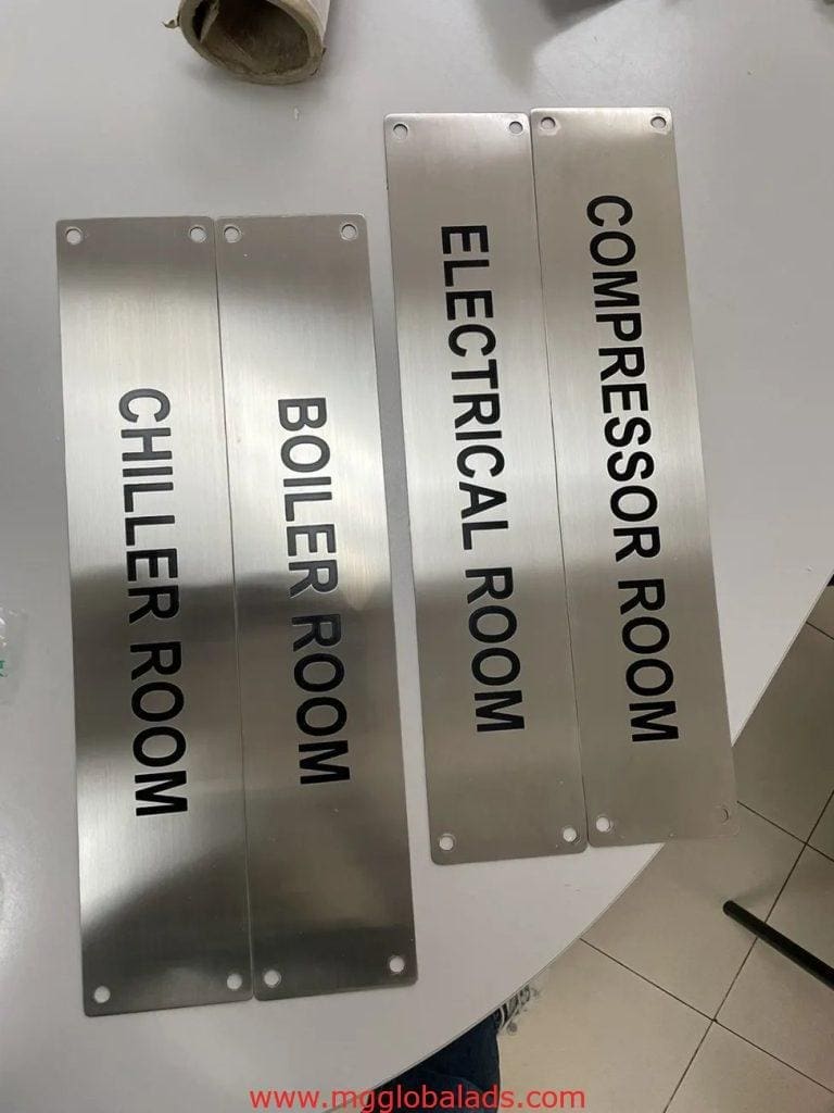 stainless engrave door signs for utility rooms—Chiller, Boiler, Electrical, Compressor—in Ortigas building by M&G Global Ads.
