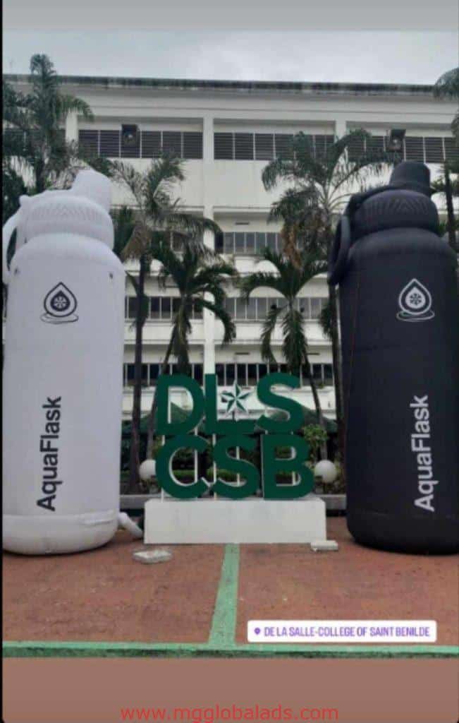 Green acrylic campus signage for De La Salle-College of Saint Benilde, giant AquaFlask bottle props, Makati. By M&G Global Ads.