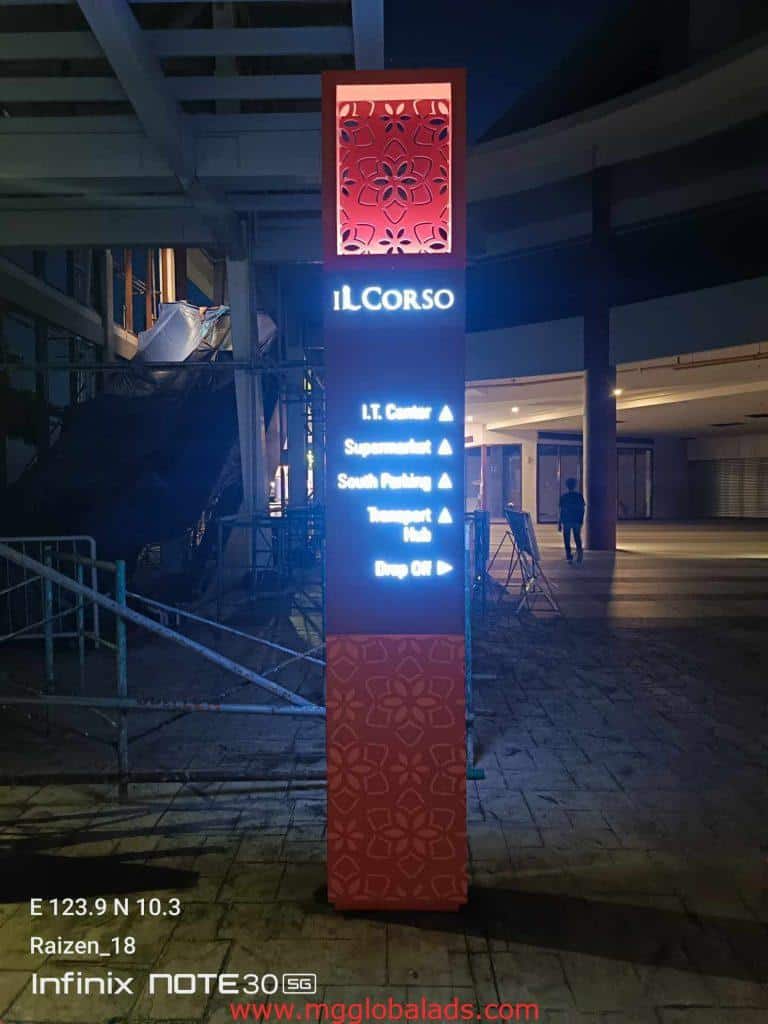 LED totem signage directory for iL Corso in Makati illuminated at night, showing directions and entrance. By M&G Global Ads.