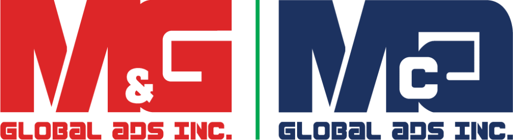 Building signage for M&G Global Ads Inc. in red-white and blue-white, metallic letters, Ortigas location by M&G Global Ads.
