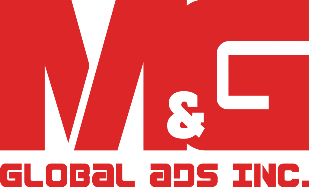 LED building signage for GLOBAL ADS INC with bold red M&G letters on white, seen in BGC by M&G Global Ads.