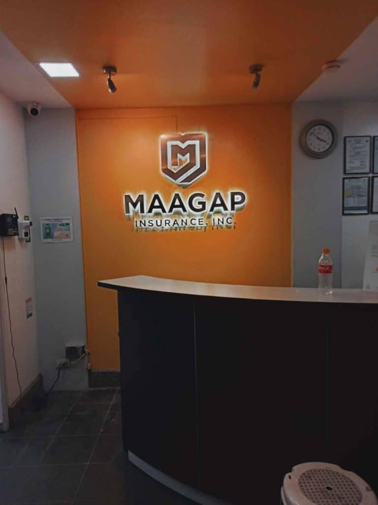 MAAGAP Insurance, Inc. acrylic indoor signage in reception area, Makati office installation by M&G Global Ads.