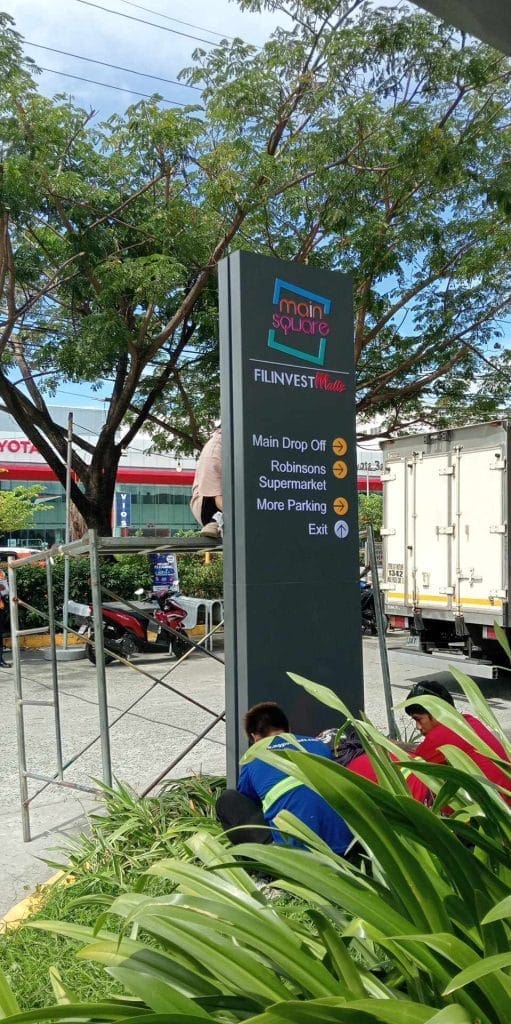 Wayfinding totem signage for Filinvest Main Square Mall client in Pasig, showing directions. Installation by M&G Global Ads.