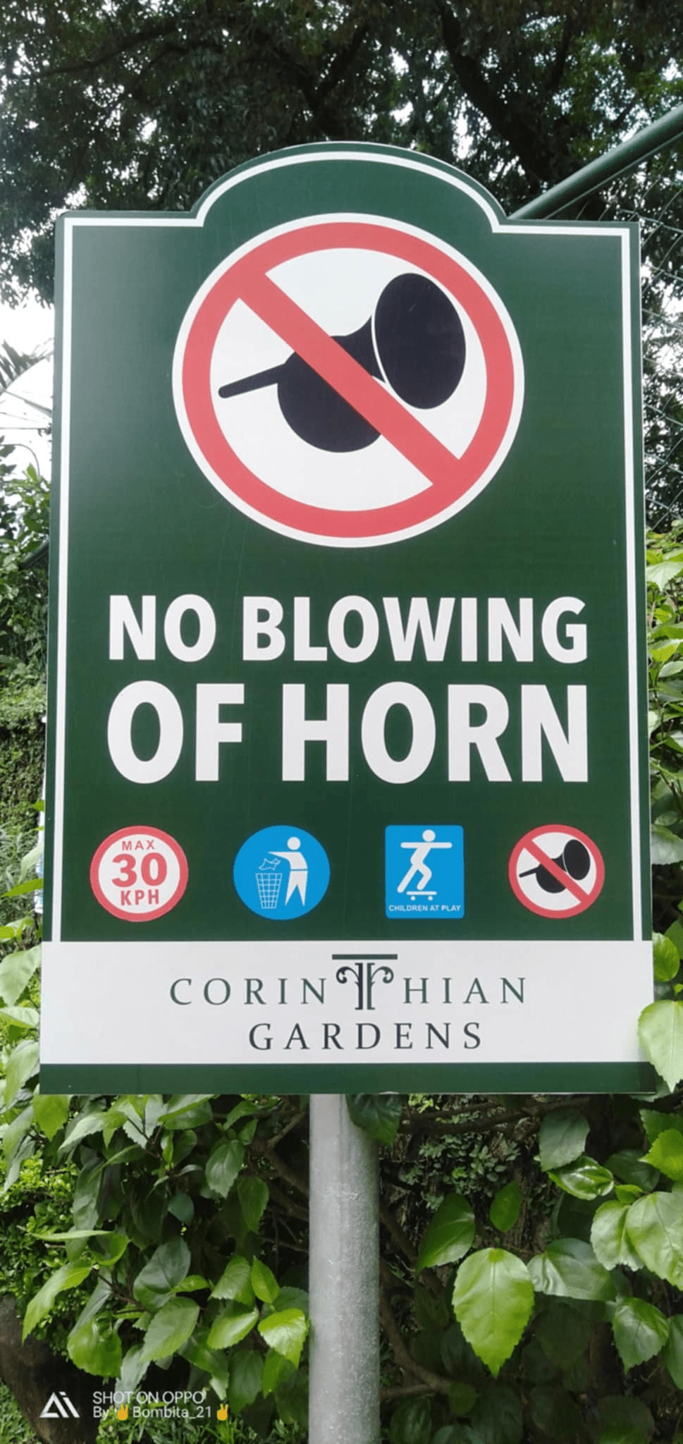 Safety signage for Corinthian Gardens in Quezon City: No Blowing of Horn, 30 KPH, no littering or smoking by M&G Global Ads.