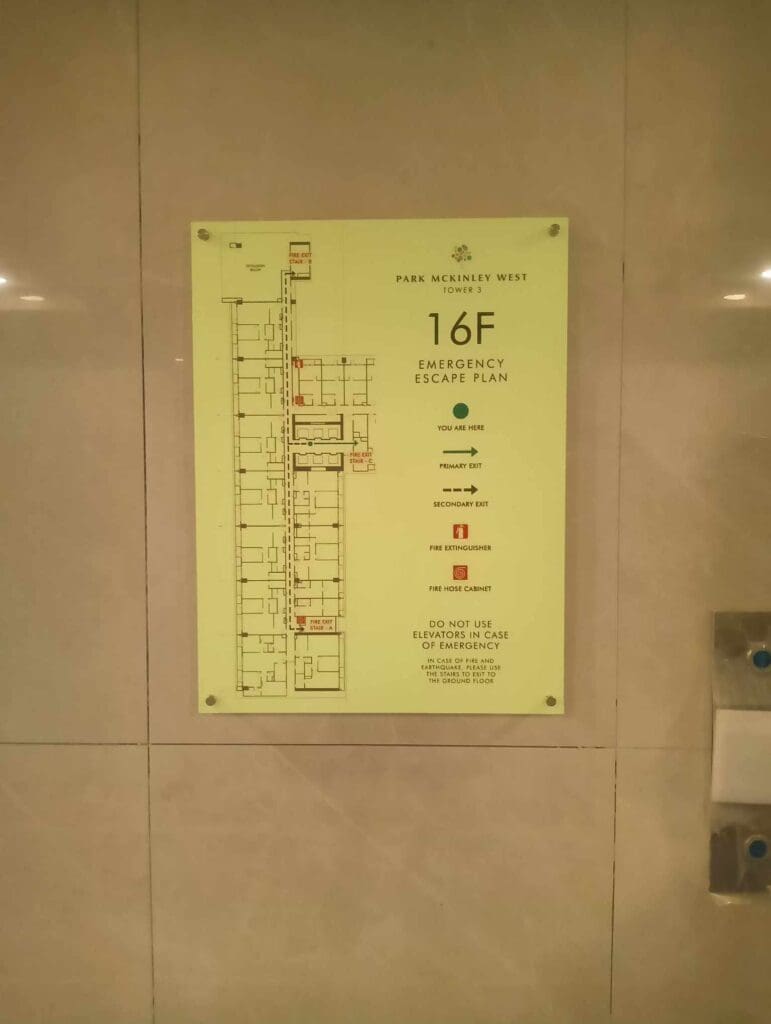 Building evacuation map acrylic signage for Park McKinley West Tower 1, Metro Manila, by sign maker Philippines M&G Global Ads.